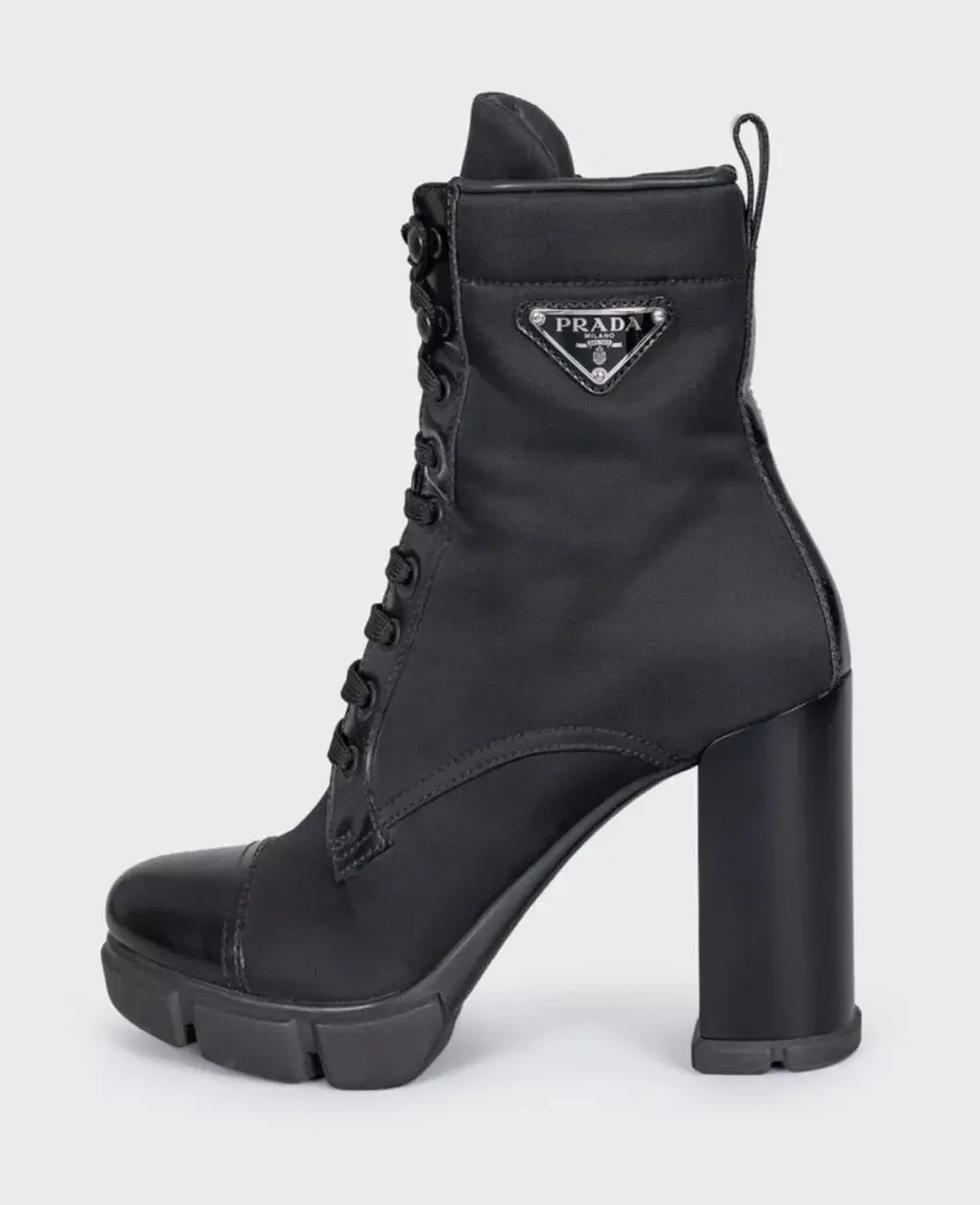 Prada Black Re-Nylon & Leather Ankle Boots Logo High Heel EU 38
